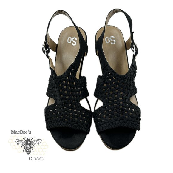 SO Taffy Wedge Heel Sandals Women's Woven Peep Toe With Cork Heel Size 8.5 Black - Picture 14 of 14